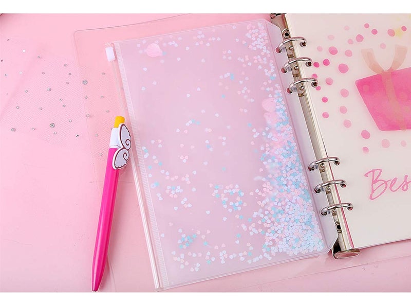 Chris.W 2 Pack Clear Plastic Zipper Pockets Envelopes for A5 6-Ring Binder Notebook, Built-in Glitter Flakes Decorations (A5 Size) - Image 3